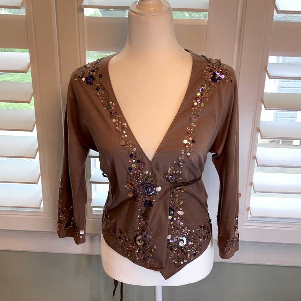 Cotton and sequin wrap top